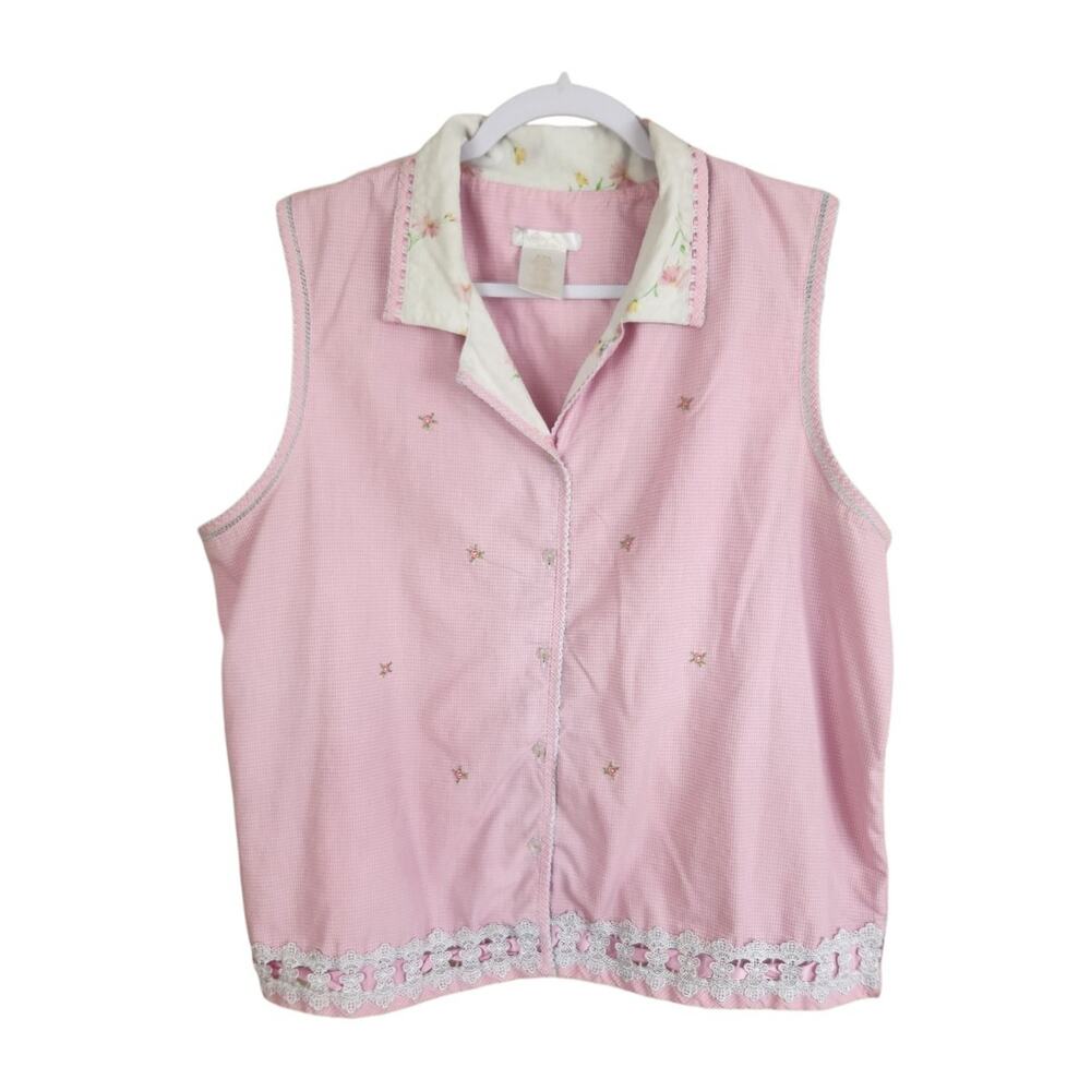 Y2K Pink Gingham Cottage Core PJ Top XL Secret Treasures Embroidery Floral Lace